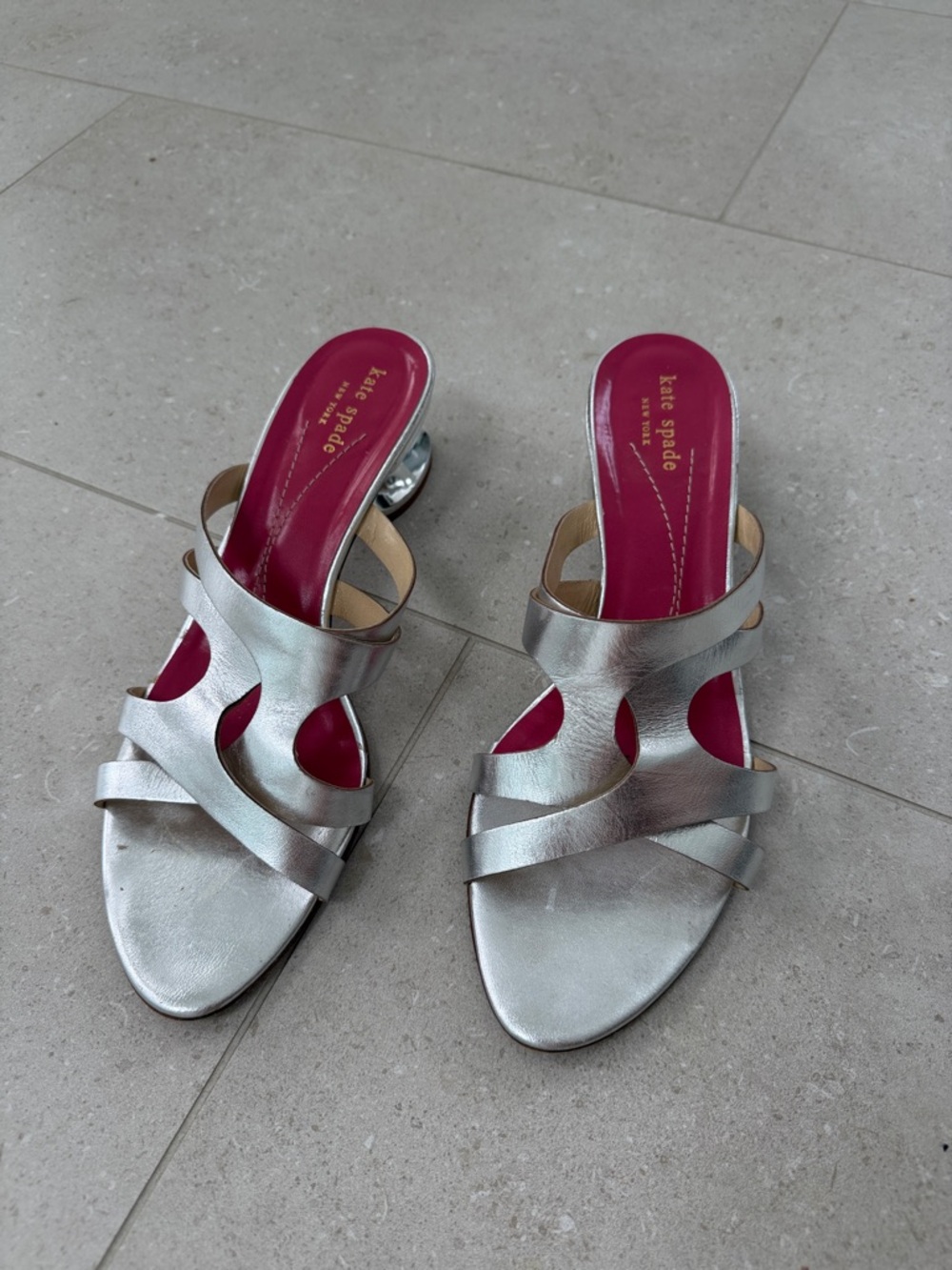 kate spade Metallic Silver Strappy Slide Mules with Pink Insole